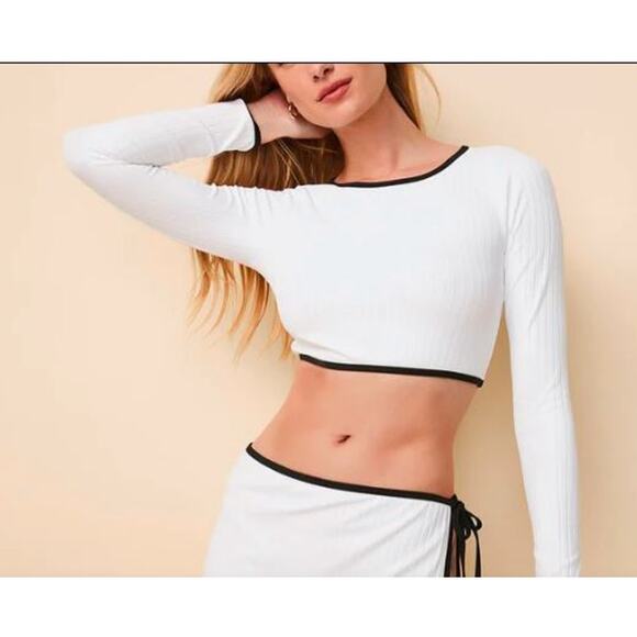 Veronica Beard Solid & Striped Nola Ribbed Rashguard Top White Noir NWT 98 XS - Picture 1 of 4
